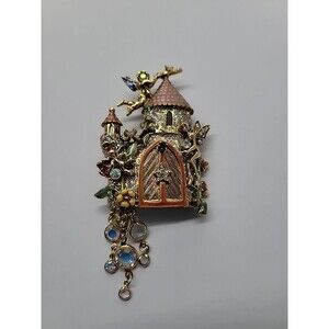Vintage Kirks Folly Fairy Castle Brooch Pin Enamel Glitter Crystals Fantasy